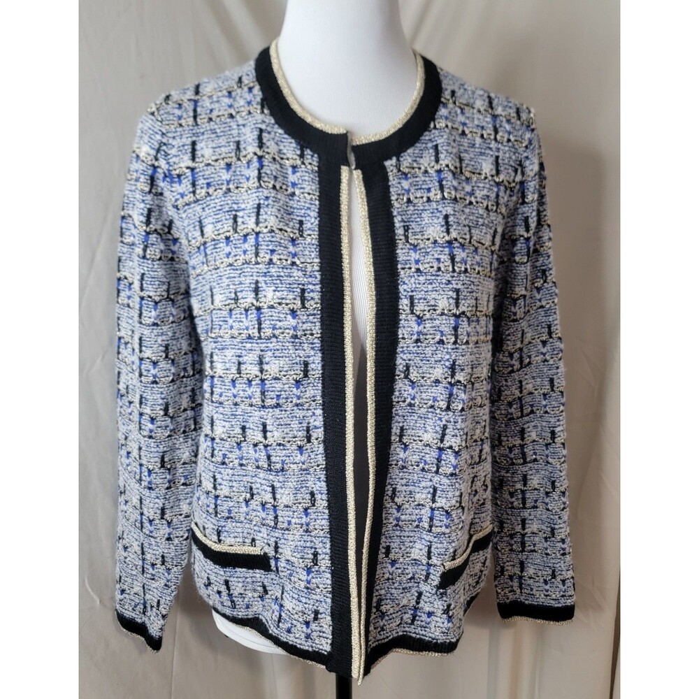 Preswick & Moore Womens Petite XL Tweed Knit Cardigan Jacket Blue Gold Trim